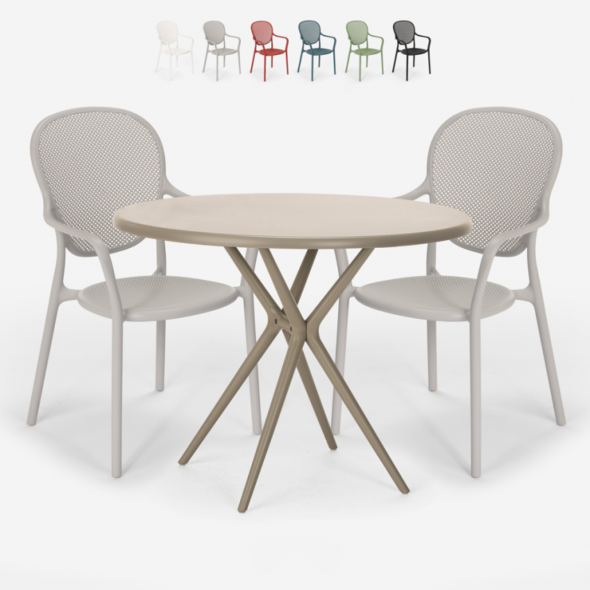 Ensemble table ronde beige 80x80cm 2 chaises design moderne extérieur Valet