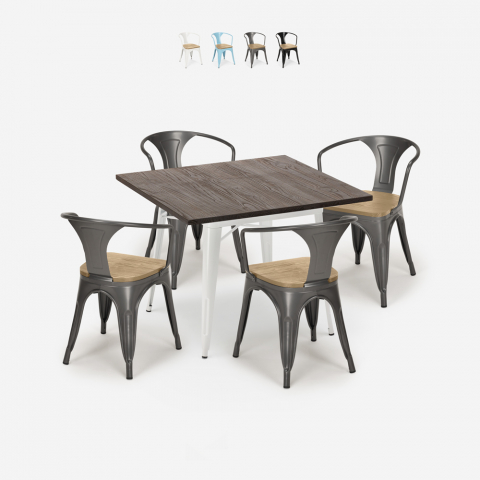 Table cuisine restaurant 80x80cm + 4 Chaises Style Tolix Bois Hustle White Top Light Promotion
