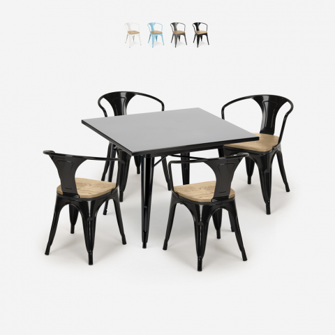 Table noire 80x80 + 4 Chaises style Tolix bar cuisine restaurant Century Black Top Light Promotion