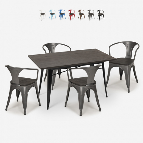 table 120x60cm + 4 chaises style industriel salle à manger cuisine caster wood Promotion