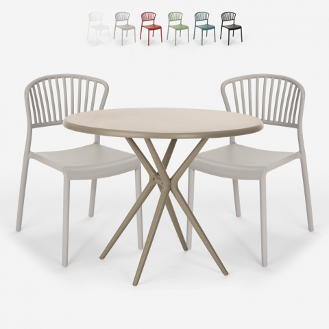 Ensemble Table Ronde 80cm Beige et 2 Chaises Design Moderne pour jardin terrasse bar restaurant Gianum