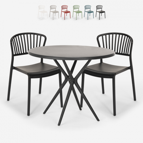 Ensemble 2 Chaises Design Moderne Table Ronde Noire 80cm pour jardin terrasse bar restaurant Gianum Dark