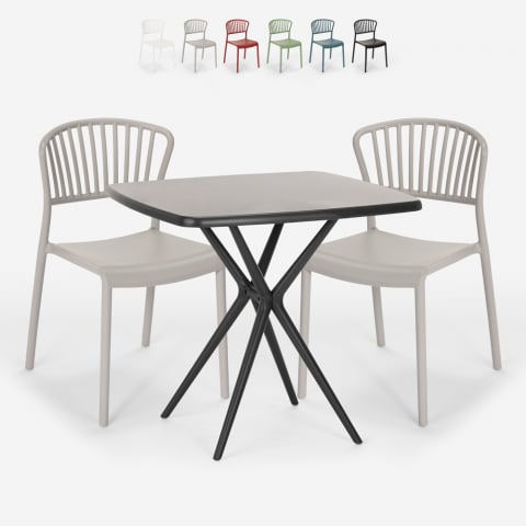 Ensemble 2 Chaises et 1 Table Carrée Noire 70x70cm Design pour Extérieur Jardin bar restaurant terrasse Magus Dark