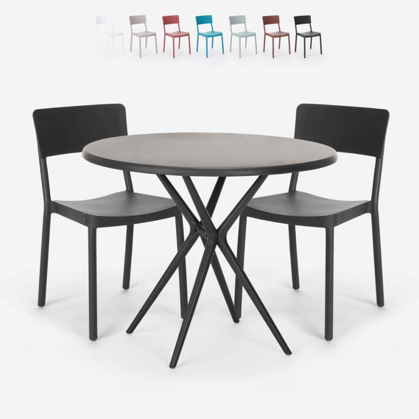 Ensemble table ronde noir 80x80cm 2 chaises design moderne Aminos Dark