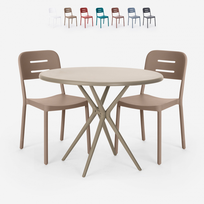 Ensemble 2 chaises polypropylène design table ronde 80x80cm beige Ipsum