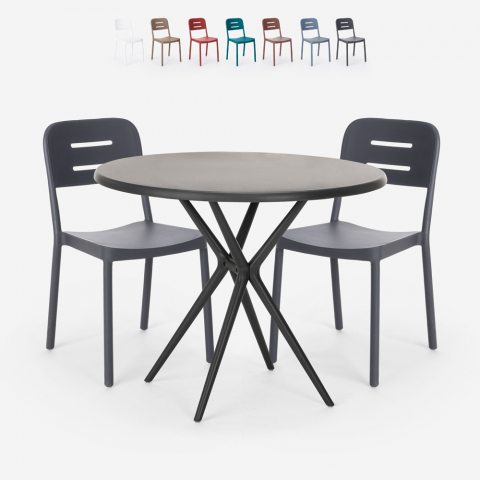 Ensemble Table Ronde Noire 80cm et 2 Chaises Design Moderne pour Jardin Bar Restaurant Ipsum Dark