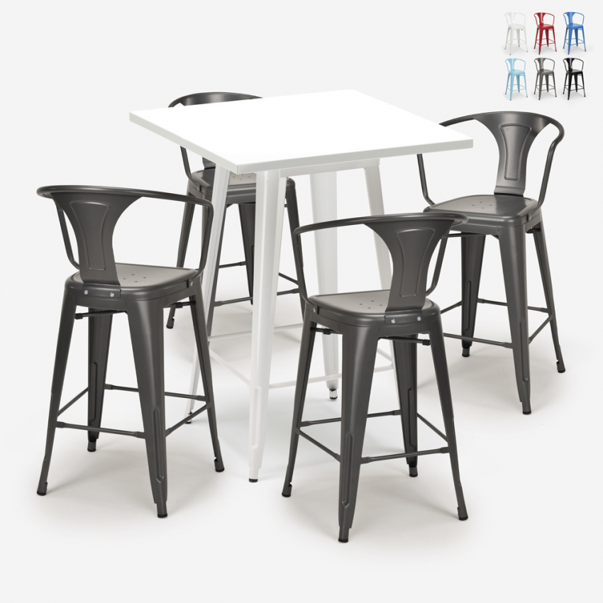table 60x60cm blanc métal + 4 tabourets bar cuisine bucket white Promotion