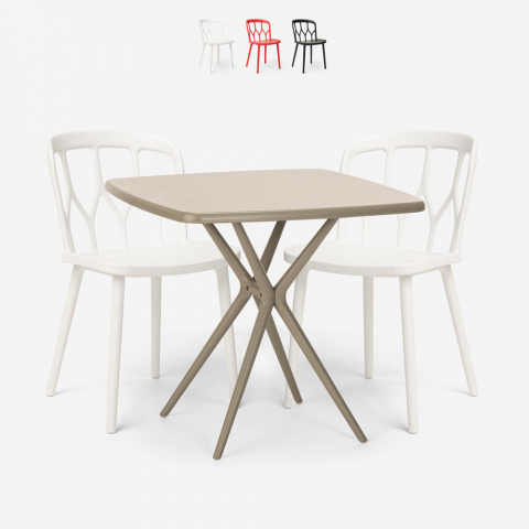 Ensemble 2 Chaises Design Polypropylène et 1 Table Carrée 70x70cm Beige Jardin Bar Restaurant Saiku