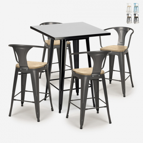ensemble table noire 60x60cm industriel 4 tabourets Lix bucket black top light Promotion