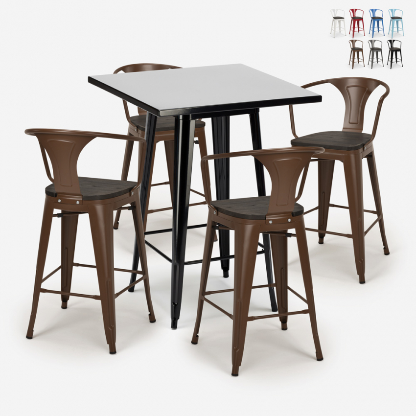 table haute noire 60x60cm et 4 tabourets style Lix bois métal bucket wood black Catalogue