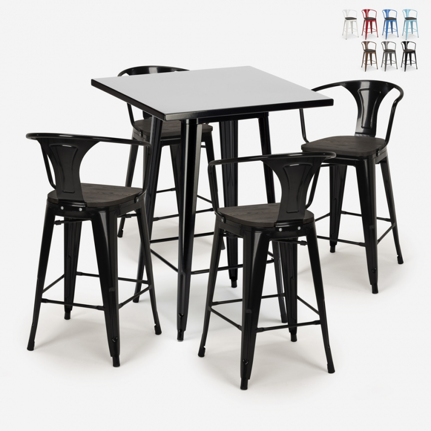 table haute noire 60x60cm et 4 tabourets style bois métal bucket wood black Choix