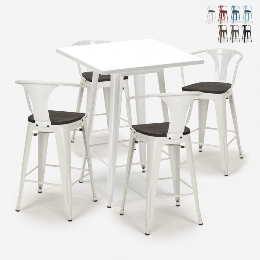 ensemble 4 tabourets table haute 60x60cm métal blanc bucket wood white Vente