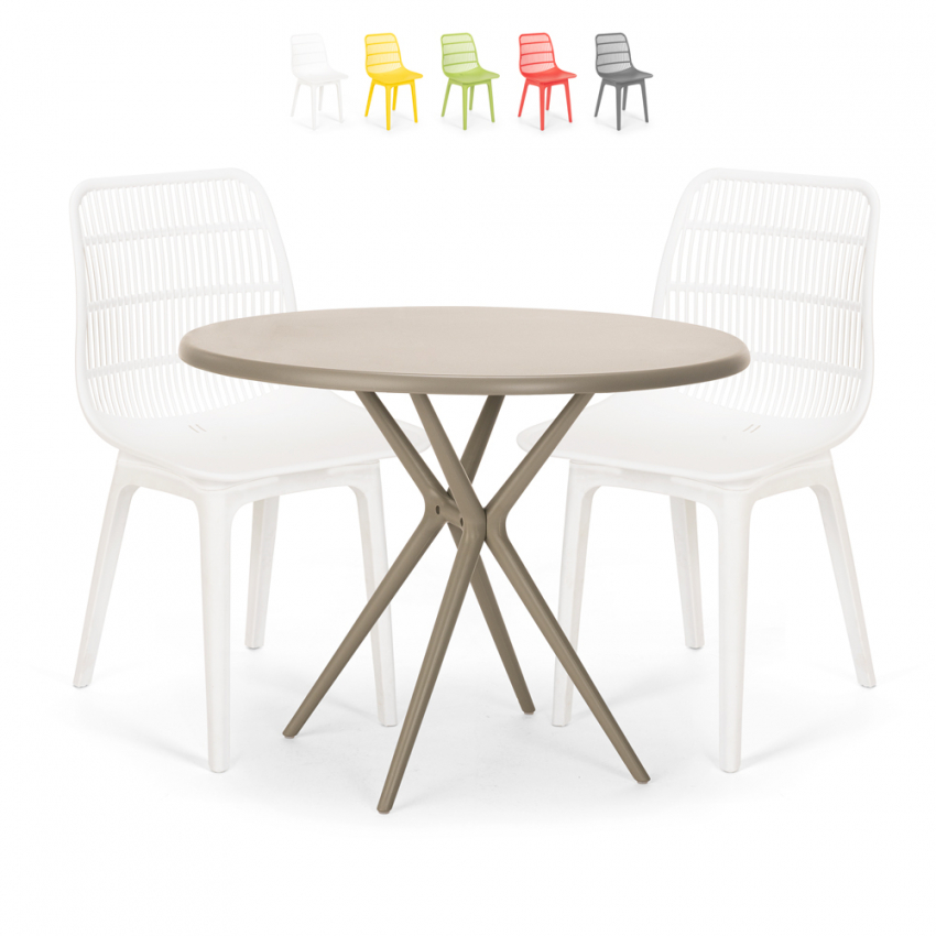 Ensemble 2 Chaises Design Moderne Table Ronde Beige 80cm Extérieur Jardin Cuisine Restaurant Bardus Remises