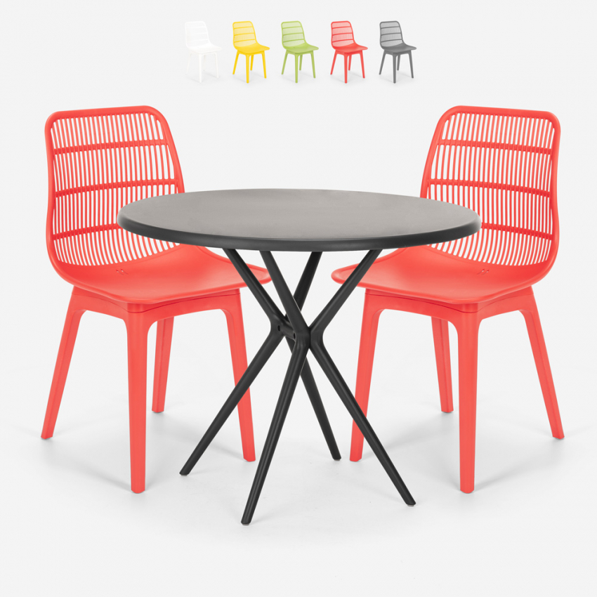 Ensemble Table Ronde Noire 80cm et 2 Chaises Polypropylène Jardin Cuisine Bardus Dark Dimensions