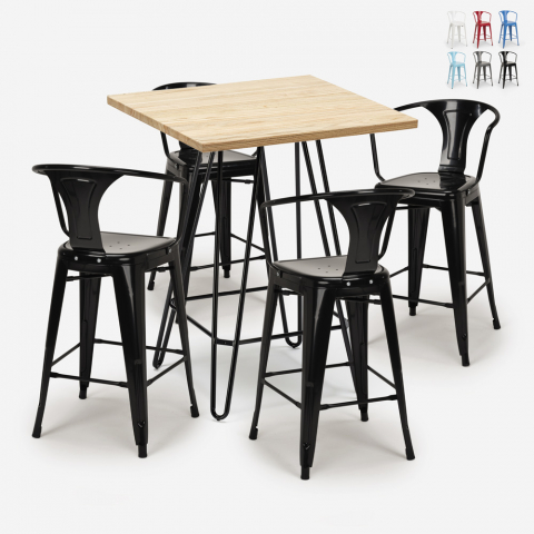 Ensemble 4 Tabourets Tolix Table Bois 60x60cm Industriel Bar Cuisine Mason Promotion