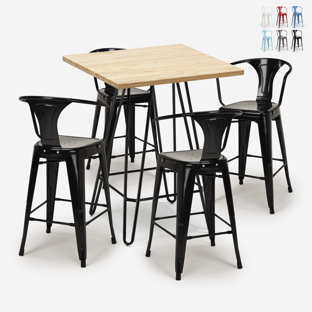 ensemble 4 tabourets table bois 60x60cm industriel bar cuisine mason