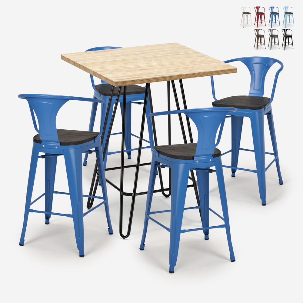 ensemble 4 tabourets table bois métal 60x60cm industriel mason wood