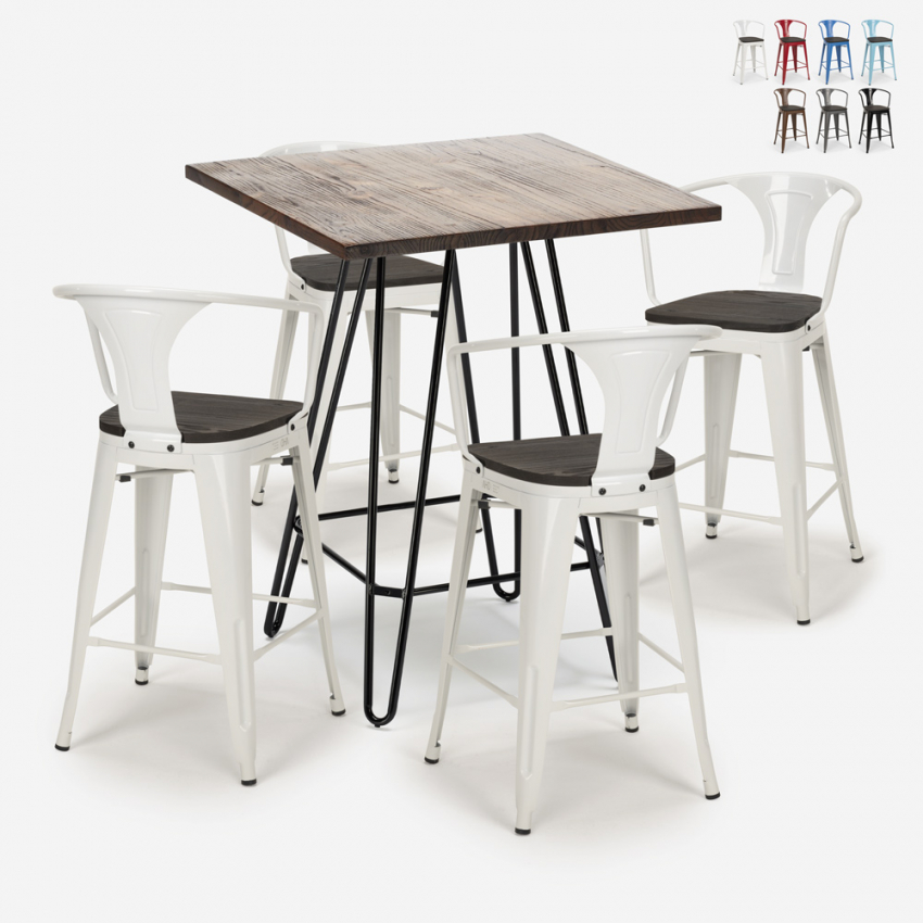 ensemble table bois métal 60x60cm 4 tabourets industriel mason noix wood Promotion ensemble table bois métal 60x60cm 4 tabourets industriel mason noix wood Promotion