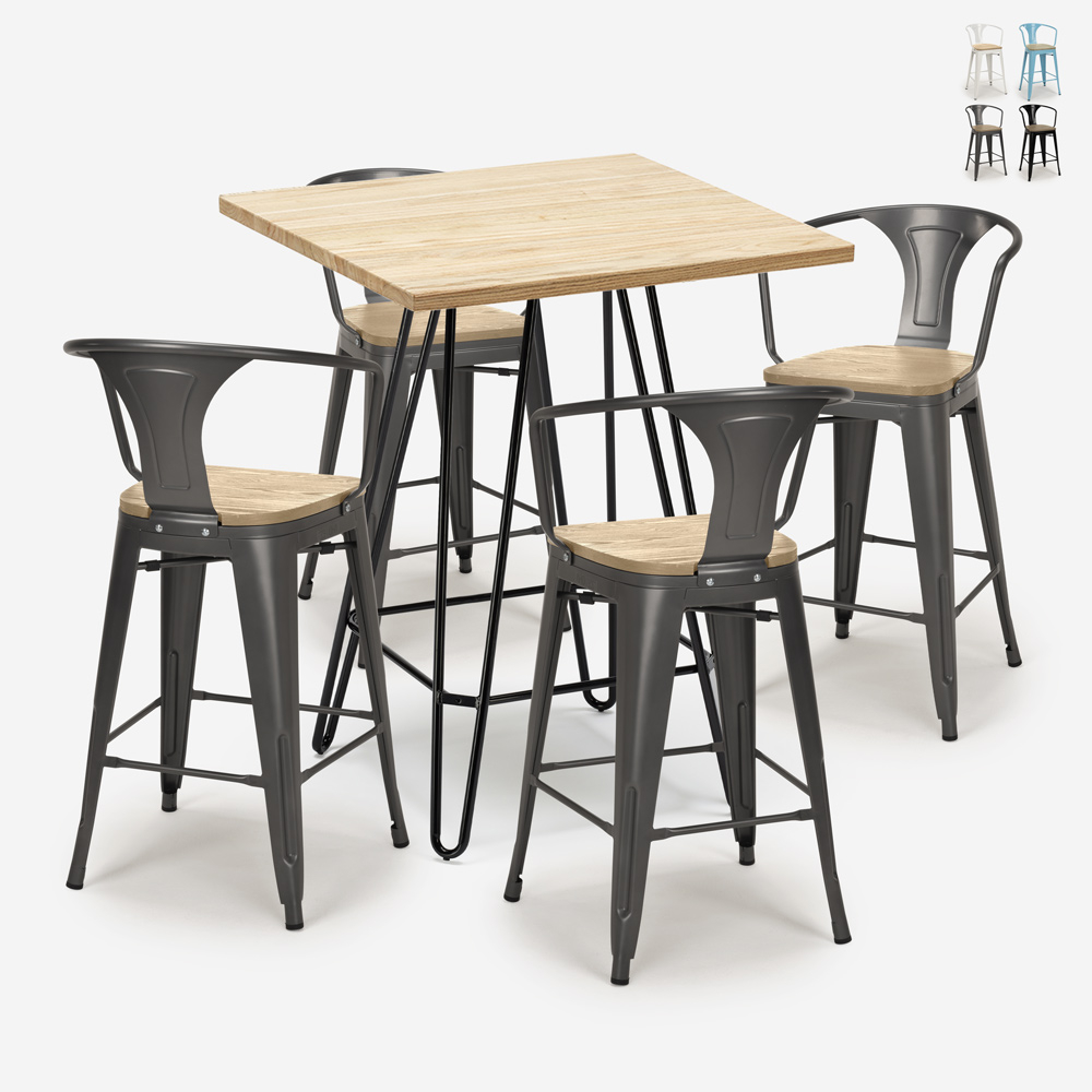 ensemble table haute 60x60cm 4 tabourets bar cuisine mason top light
