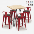 ensemble 4 tabourets style table haute bois métal 60x60cm industriel mason steel top Promotion