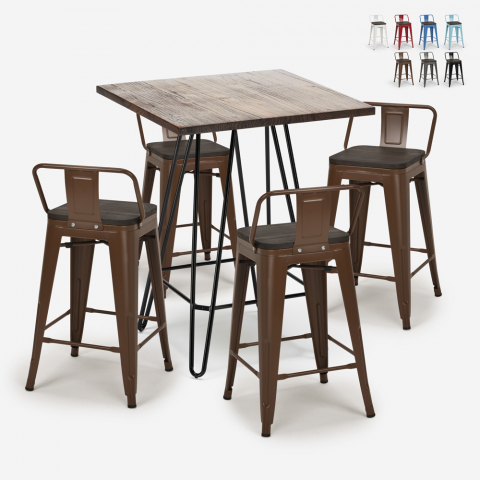 ensemble table bois métal 60x60cm 4 tabourets style mason noix steel top Promotion