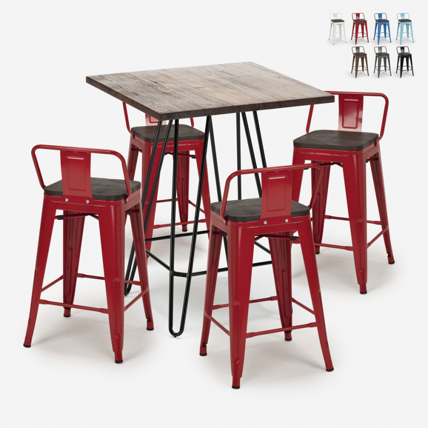 ensemble table bois métal 60x60cm 4 tabourets style mason noix steel top Choix