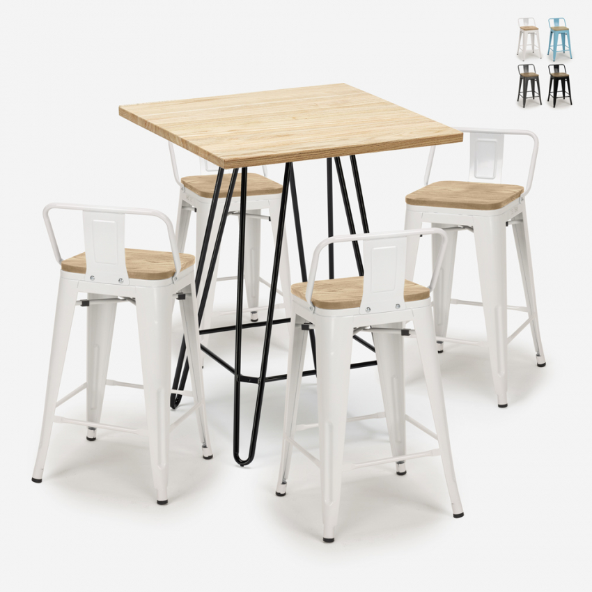 ensemble table 60x60cm 4 tabourets style bar industriel mason steel top light Remises