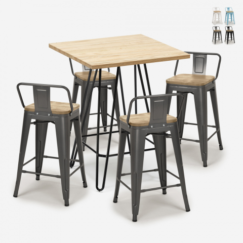 ensemble table 60x60cm 4 tabourets style Lix bar industriel mason steel top light Promotion