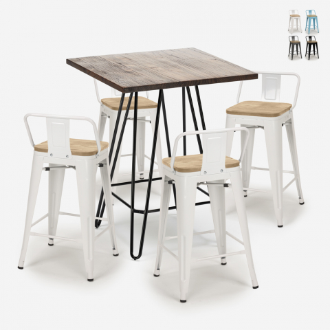 ensemble 4 tabourets style Lix table 60x60cm industriel mason noix steel top light Promotion