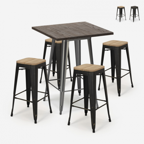 Ensemble Table Haute 60x60cm 4 Tabourets Tolix Bois Industriel Bar Bent