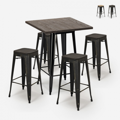 ensemble bar 4 tabourets Lix bois industriel table haute 60x60cm bent black Promotion