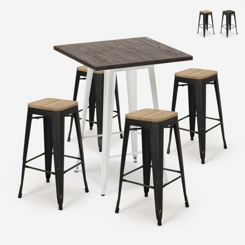ensemble 4 tabourets Lix table haute 60x60cm bois bar industriel bent white Promotion