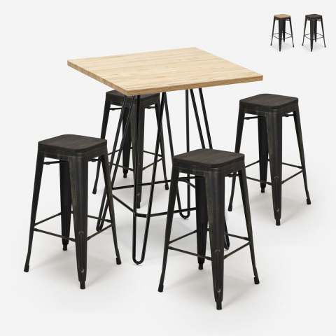 ensemble 4 tabourets Lix bois table haute 60x60cm industriel bar cuisine oudin Promotion