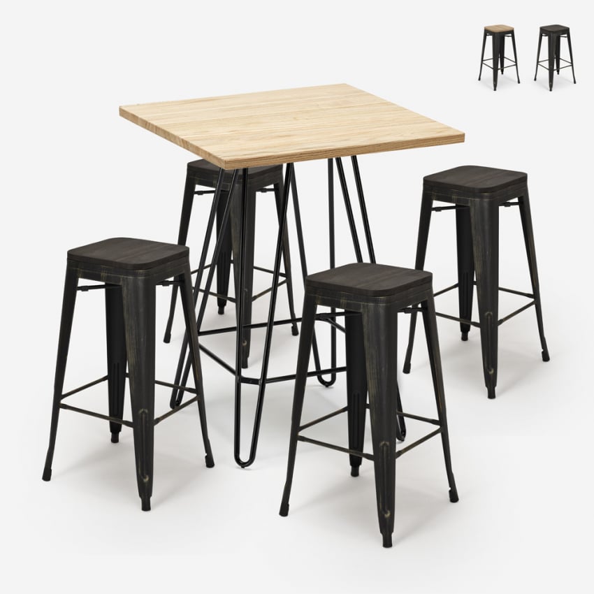 Ensemble bar de cuisine 4 tabourets table d'appoint haute industrielle bois tolix 60x60cm Oudin
