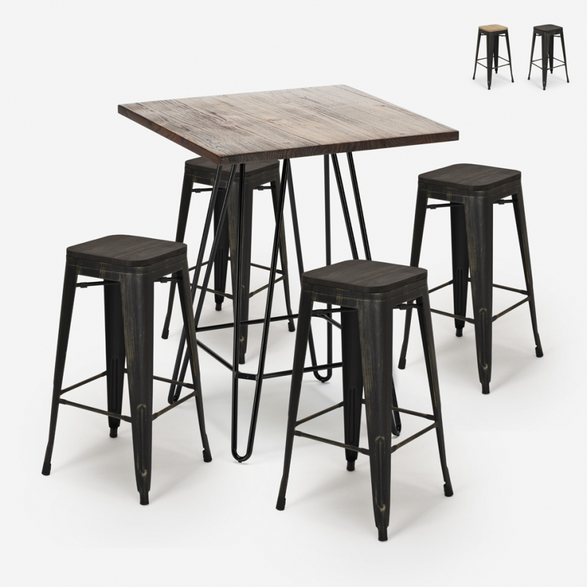 ensemble table 60x60cm 4 tabourets bois métal industriel oudin noix Vente ensemble table 60x60cm 4 tabourets bois métal industriel oudin noix Vente