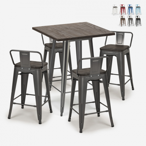 ensemble 4 tabourets table 60x60cm bois métal bar industriel peaky Promotion
