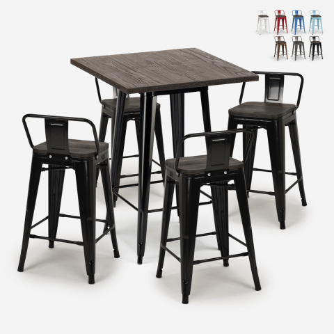ensemble 4 tabourets style Lix table 60x60cm bois métal industriel peaky black Promotion