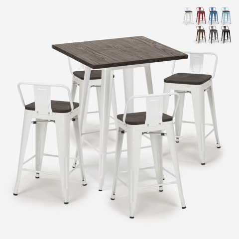 ensemble 4 tabourets bois métal table 60x60cm industriel peaky white Promotion