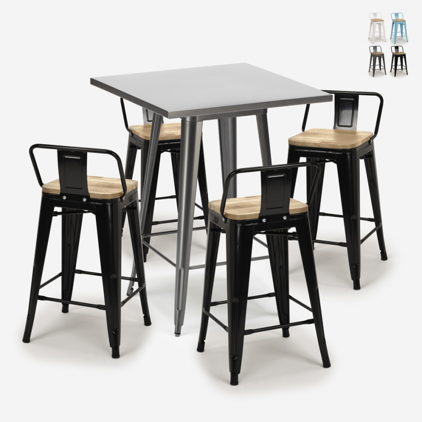 ensemble table 60x60cm 4 tabourets style métal et bois industriel bucket steel Offre ensemble table 60x60cm 4 tabourets style métal et bois industriel bucket steel Offre