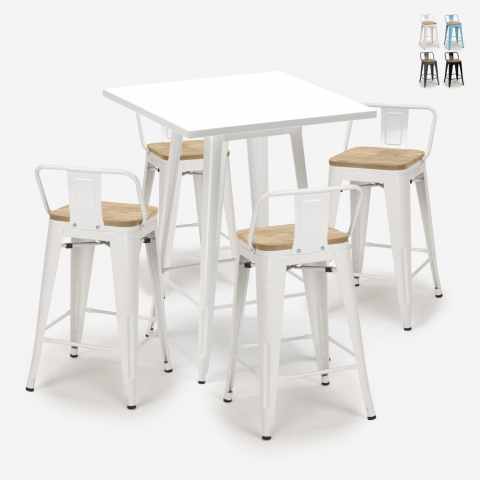ensemble 4 tabourets style table blanche 60x60cm industriel bucket steel white Promotion