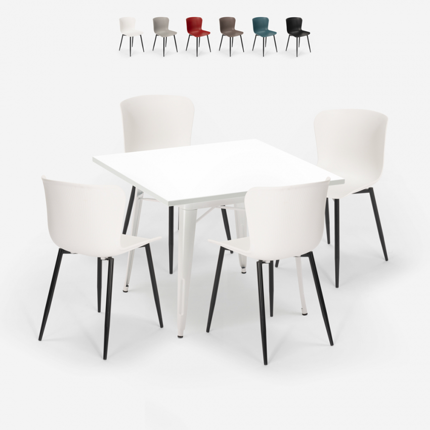 Set table carrée design industriel Tolix 80x80cm 4 chaises Wrench Light