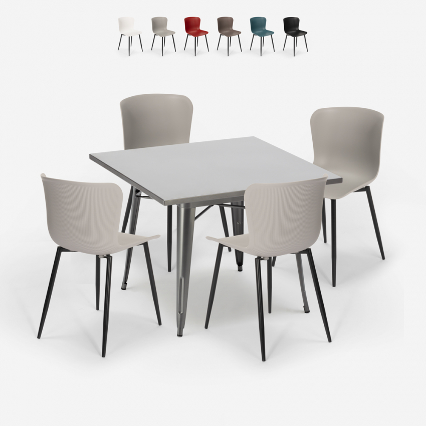 Ensemble 4 chaises table carrée 80x80cm Tolix design industriel Wrench