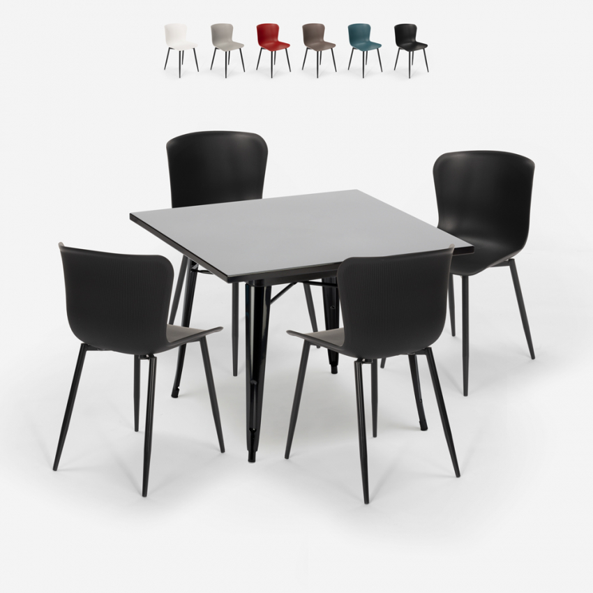 Ensemble 4 chaises table 80x80cm Tolix carré style industriel Wrench Dark