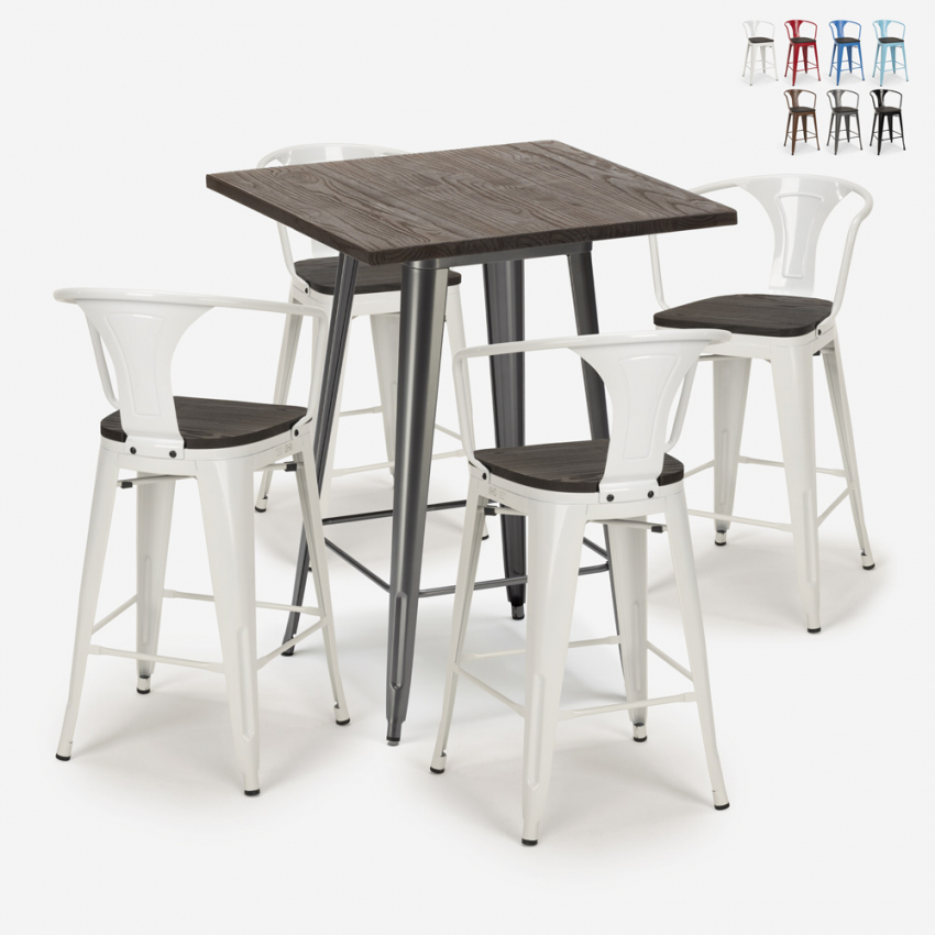 ensemble table haute 60x60cm 4 tabourets bois métal industriel bruck wood Offre ensemble table haute 60x60cm 4 tabourets bois métal industriel bruck wood Offre