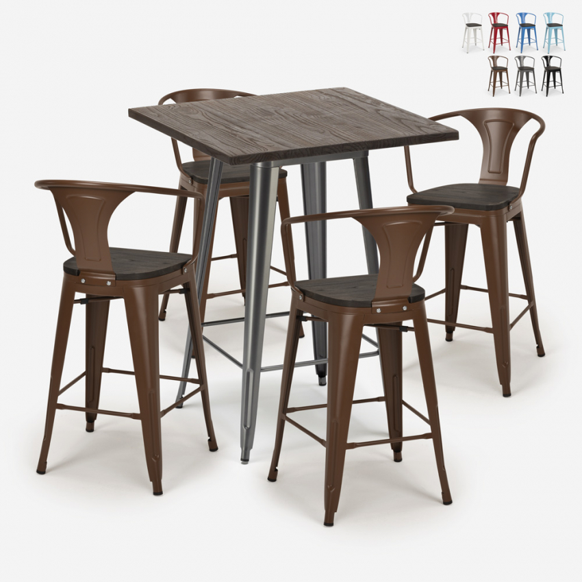 Ensemble table basse haute en bois 60x60cm 4 tabourets industriels métal tolix Bruck Wood