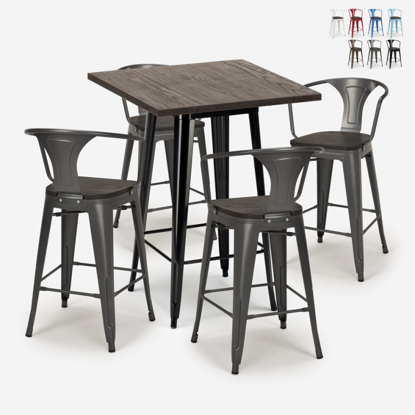 ensemble 4 tabourets table haute 60x60cm métal industriel bruck wood black Catalogue