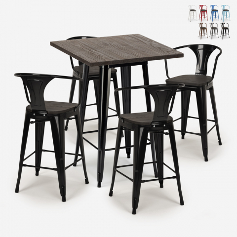 ensemble 4 tabourets table haute 60x60cm métal industriel bruck wood black Promotion