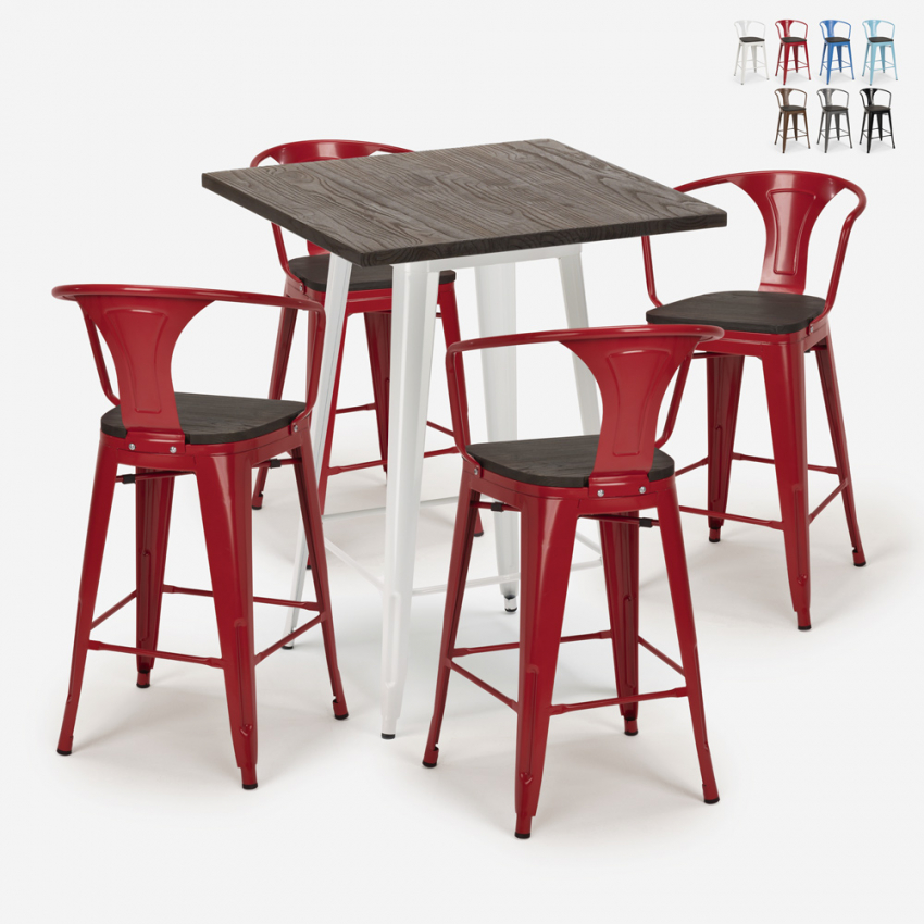 ensemble 4 tabourets table 60x60cm bois métal bar bruck wood white Choix ensemble 4 tabourets table 60x60cm bois métal bar bruck wood white Choix