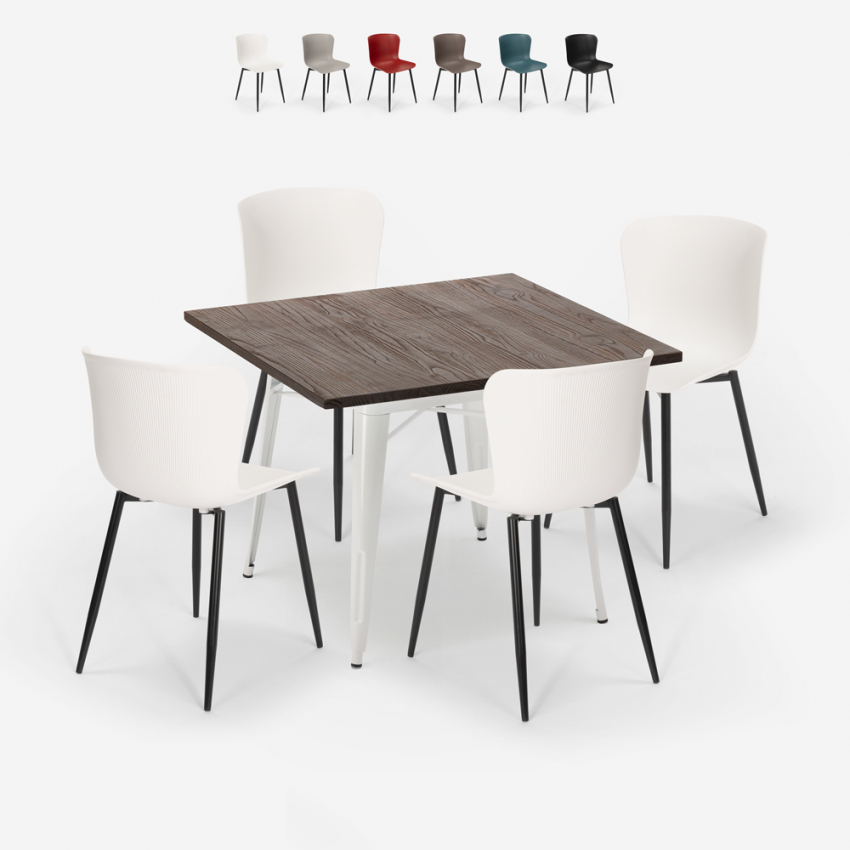 Ensemble 4 chaises table carrée Tolix 80x80cm bois métal Anvil Light