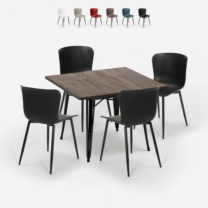Ensemble table carrée 80x80cm Tolix 4 chaises style industriel Anvil Dark
